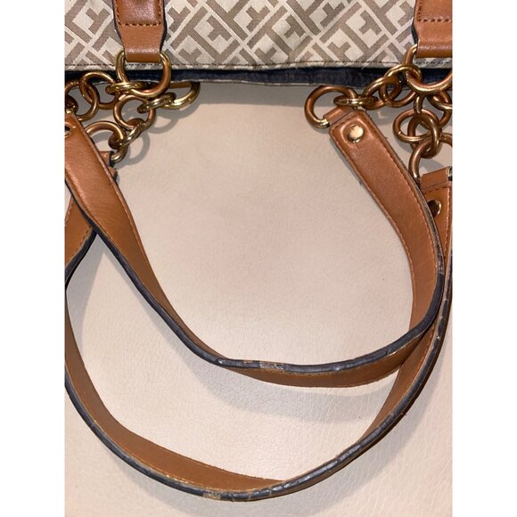 Tommy Hilfiger Large Tan Logo Canvas Shoulder Tote Bag Gold Accent Chain - Picture 7 of 10